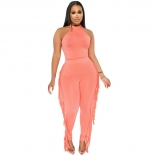 Pink Sleeveless Tassels Bodycon Halter Romper Sexy Jumpsuit