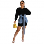 Black Long Sleeve O-Neck Jeans Fashion Women Clubwear