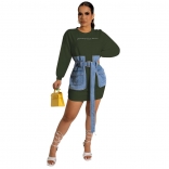 Green Long Sleeve O-Neck Jeans Fashion Women Clubwear