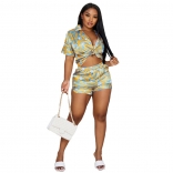 Yellow Printed Button Fashion Women Sexy Short Sets