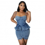 Blue Halter Low-Cut Jean Bodycon Foral Mini Dress