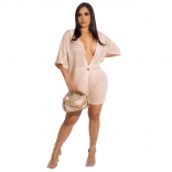 Beige Short Sleeve Nets Hollow-out Women Short Sets