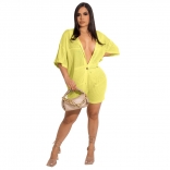 Yellow Short Sleeve Nets Hollow-out Women Short Sets