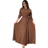 Khaki Long Sleeve Printed Button V-Neck Fashion Women Maxi Dress