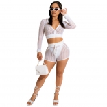 White Long Sleeve Deep V-Neck Zipper Mesh Short Sets