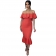 Orange Red Foral Off-Shoulder Bodycon Women Fashion Midi Dress