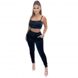 Black Velvet Halter Boat-Neck Fashion Women Sexy Bodycon Jumpsuit Sets