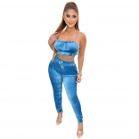 Blue Velvet Halter Boat-Neck Fashion Women Sexy Bodycon Jumpsuit Sets