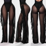 Black Women See-through Pants Bikini Cover Up Mesh Ruffle Bottoms