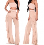 Beige Women See-through Pants Bikini Cover Up Mesh Ruffle Bottoms