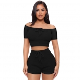 Black Off-Shoulder Boat-Neck Sexy Short Sets