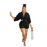 Black Seven Sleeve Deep V-Neck Fashion Women Short Sets