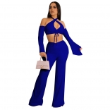 Blue Long Sleeve Halter Low-Cut Fashion Bodycon Women Jumpsuit