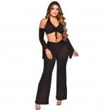 Black Long Sleeve Halter Low-Cut Fashion Bodycon Women Jumpsuit