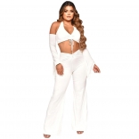 White Long Sleeve Halter Low-Cut Fashion Bodycon Women Jumpsuit