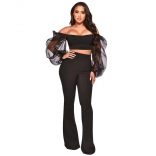 Black Mesh Long Sleeve Off-Shoulder Low-Cut Bodycon Sexy Women Jumpsuit