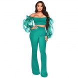 Green Mesh Long Sleeve Off-Shoulder Low-Cut Bodycon Sexy Women Jumpsuit