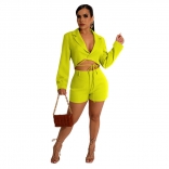 Yellow Long Sleeve Deep V-Neck Fashion OL Women Short Sets