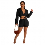 Black Long Sleeve Deep V-Neck Fashion OL Women Short Sets