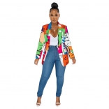 Green Long Sleeve Button Printed Fashion Women Jacket Suit