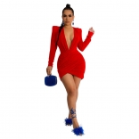 Red Deep V-Neck Long Sleeve Velvet Silk Bodycon Sexy Mini Dress