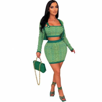 Green Halter Low-Cut Boat-Neck Printed Coat 3PCS Women Pant Sets