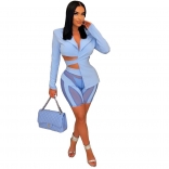 Blue Mesh Bandage Long Sleeve Sexy Bodycon Women Romper Dress