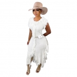 White Sleeveless Cotton Knitting Tassels Sweater Midi Coat Dress