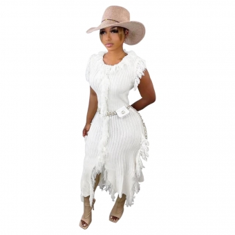 White Sleeveless Cotton Knitting Tassels Sweater Midi Coat Dress