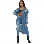 Blue Long Sleeve Jean Hollow-out Women Fashion Coat