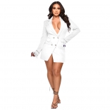 White Deep V-Neck Long Sleeve Button Pocket Fashion Jacket