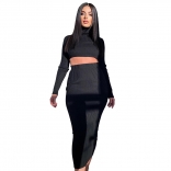 Black Cotton Long Sleeve 2PCS Hight Necks Women OL Midi Dress