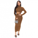 Brown Cotton Long Sleeve 2PCS Hight Necks Women OL Midi Dress