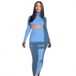 Blue Cotton Long Sleeve 2PCS Hight Necks Women OL Midi Dress