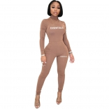 Beige Long Sleeve O-Neck Printed Fashion Women Bodycon Sport Dress