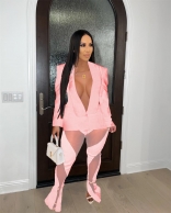 Pink Deep V-Neck Fashion Women Mesh Bodycon Catsuit Jumpsuit