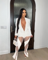 White Deep V-Neck Fashion Women Mesh Bodycon Catsuit Jumpsuit