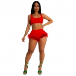 Red Halter Low-Cut Sexy Sports Feather Bodycon Short Sets