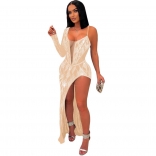 Beige Mesh Deep V-Neck Sexy Rhinestone Bodycon Fashion Maxi Dress