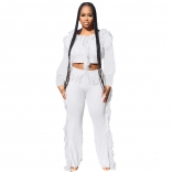 White Tassels Long Sleeve Cotton Sweater Women 2PCS Jumpsuit Dress