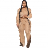 Khaki Tassels Long Sleeve Cotton Sweater Women 2PCS Jumpsuit Dress