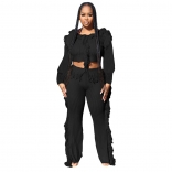 Black Tassels Long Sleeve Cotton Sweater Women 2PCS Jumpsuit Dress