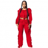 Red Tassels Long Sleeve Cotton Sweater Women 2PCS Jumpsuit Dress