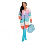 LightBlue Long Sleeve Cotton Printed Kniting Women Sweater Coat