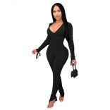 Black Low-Cut V-Neck Bandage Long Sleeve Bodycon Sexy Jumpsuit