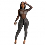 Black Rhinestone Long Sleeve Mesh Zipper Bodycon Sexy Jumpsuit