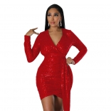 Red Long Sleeve V-Neck Sequin Bodycon Belt Sexy Mini Dress