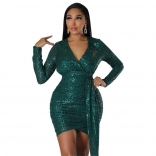 Green Long Sleeve V-Neck Sequin Bodycon Belt Sexy Mini Dress