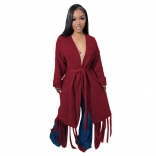 Red Knitting Tassels Women Fashion Cotton Sweater Coat