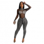 Black Mesh Rhinestone Long Sleeve Bodycon Sexy Women Bodycon Jumpsuit